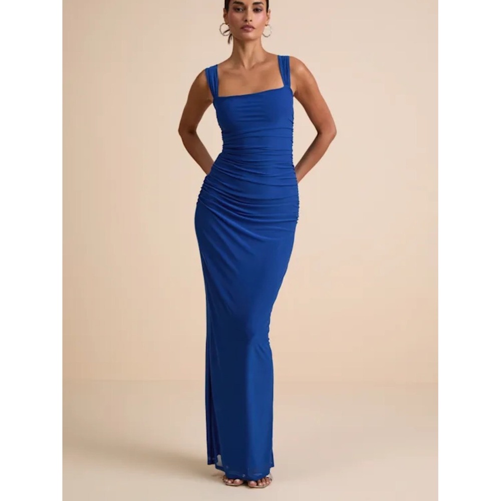 Lulus Amazing Presence Blue Mesh Ruched Column Maxi Dress 2713151 Womens XS NEW
